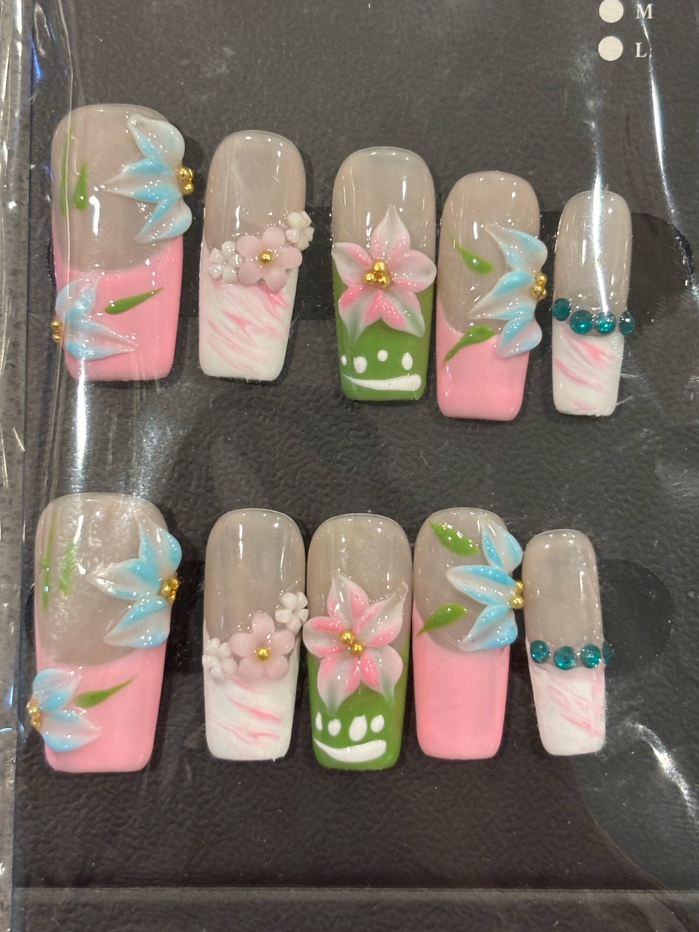 Handcrafted Gel Floral Pink & Blue Press-On Nail Set with Accent Gems